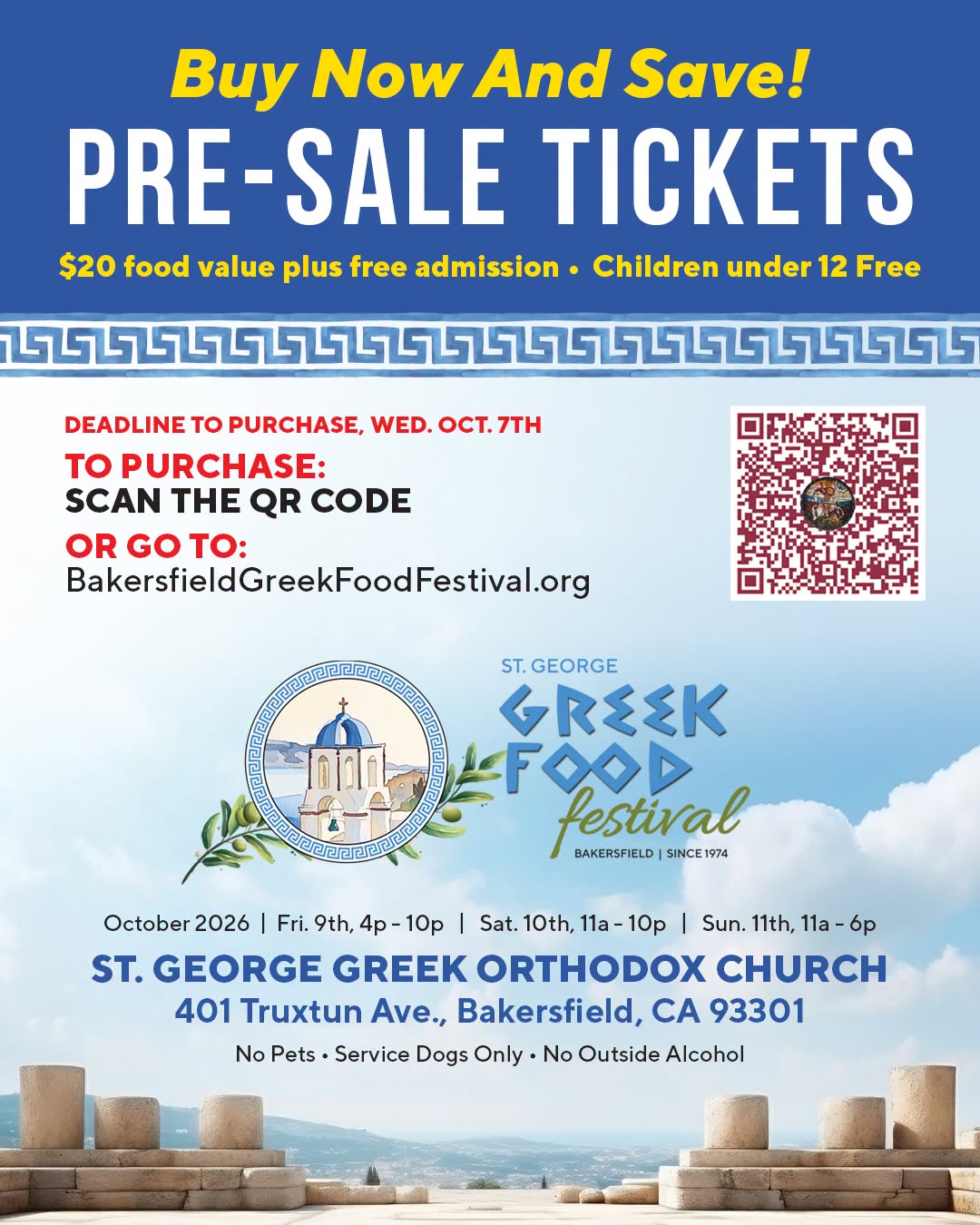 Pre-sale ticket flyer for the St. George Greek Food Festival in Bakersfield, October 9th, 10th and 11th, 2026